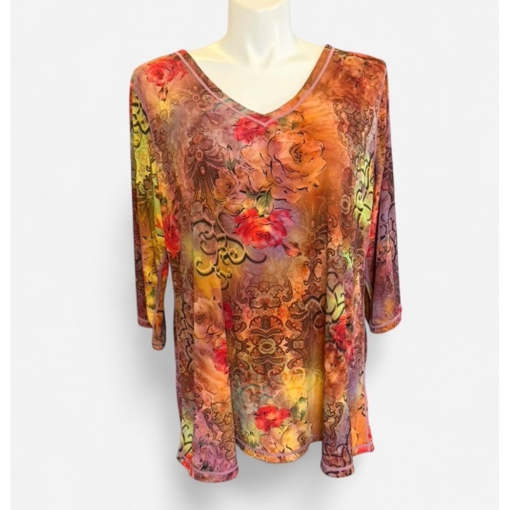 Attitudes by Renee 2X Tunic Top Orange Multi Floral Damask Boho Romantic V-Neck